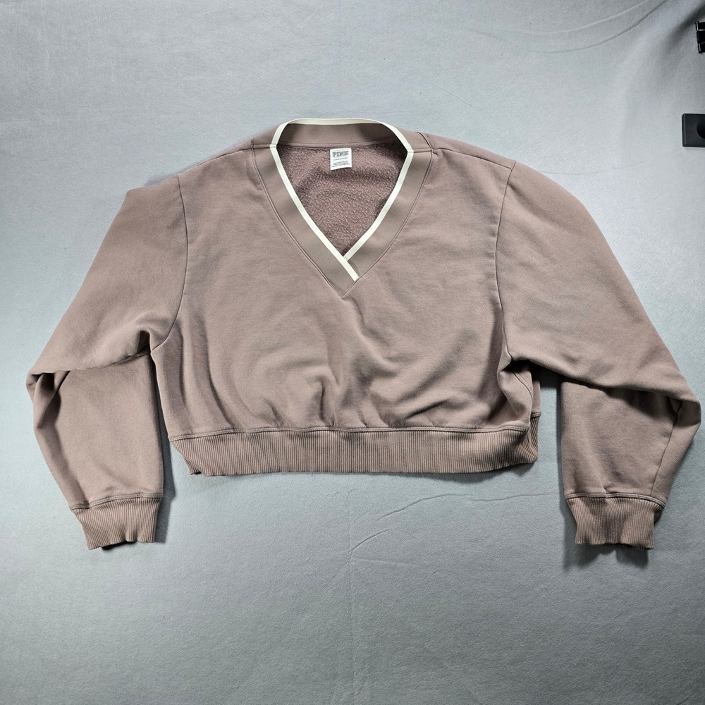 PINK Victoria's Secret Cropped V Neck Sweatshirt XL Taupe Mauve Fleece